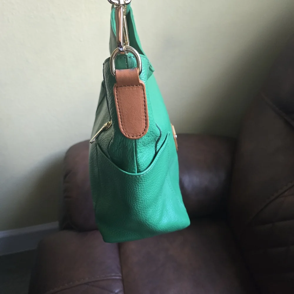 Valentina Green and Tan Hobo Bag with Leather Accents - Picture 8 of 10